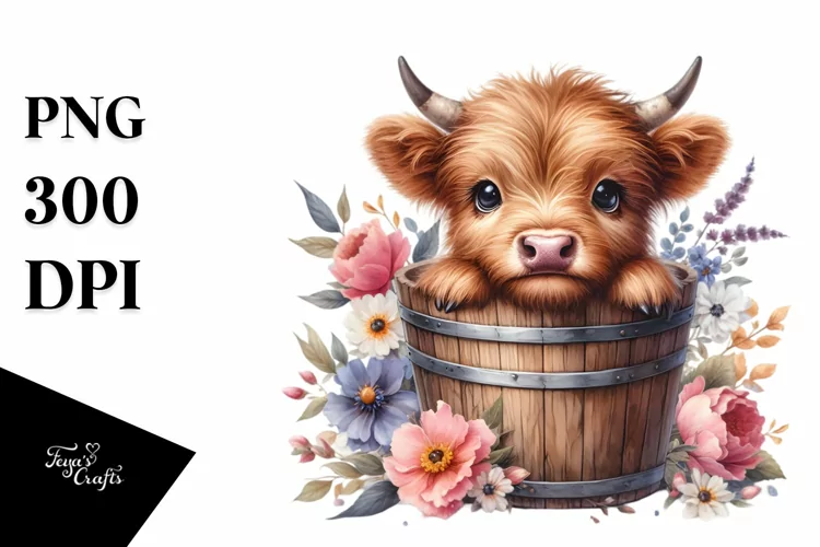 Cute Baby Highland Cow Wood Bucket PNG