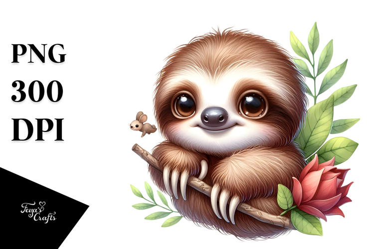 Digital Watercolor of Cute Baby Sloth PNG