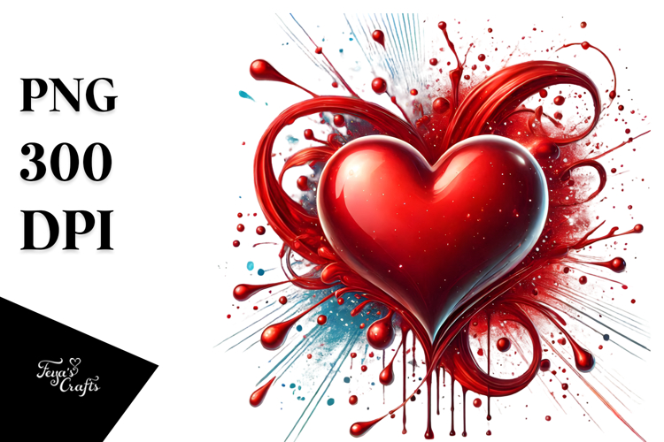 Digital Red Glossy Heart on Splashy Background