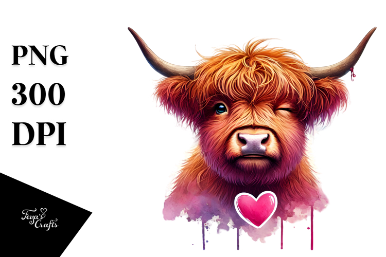 Winking Highland Cow Digital Painting PNG