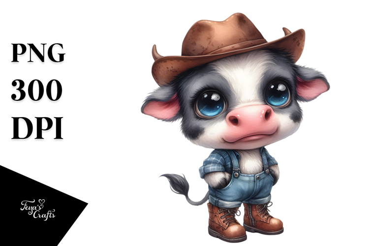 Watercolor Baby Cow with Big Eyes Hat and Boots | Clipart
