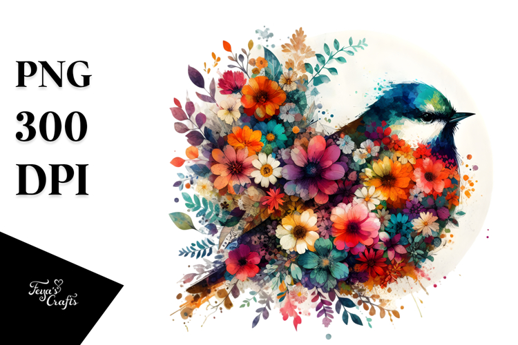 Colorful Bird with Flowers, Transparent PNG