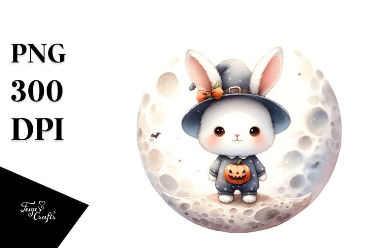 Cute Baby Rabbit on Halloween Moon PNG