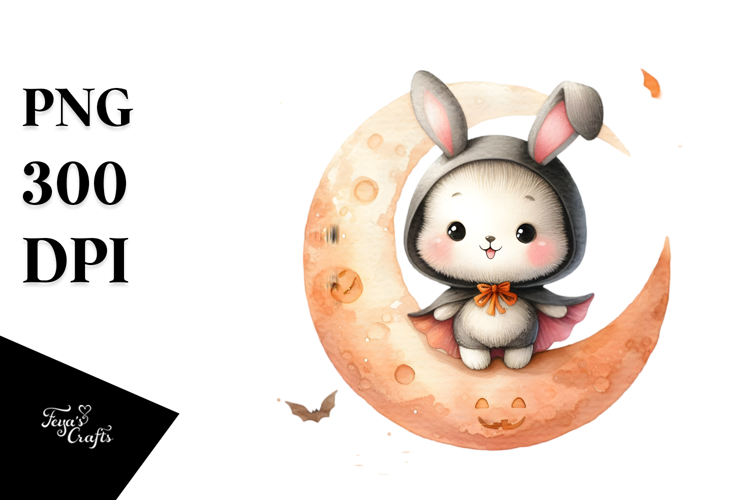 Cute Baby Rabbit on Halloween Moon PNG