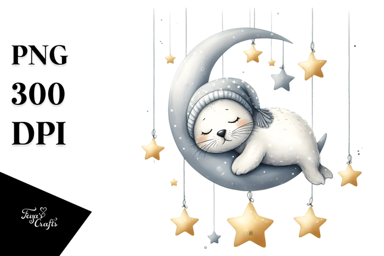 Sleeping Cute Baby Seal on Moon | Clipart