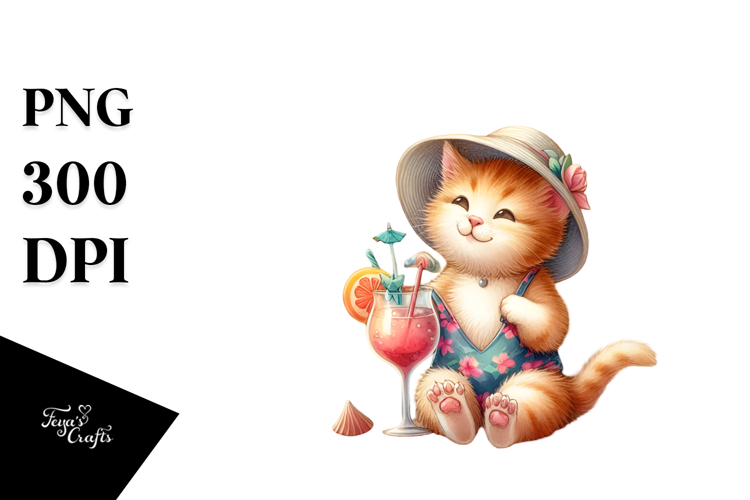 Happy Kitten in Beachwear Drinking Cocktail PNG