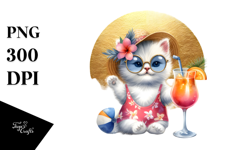Happy Kitten in Beachwear Drinking Cocktail PNG