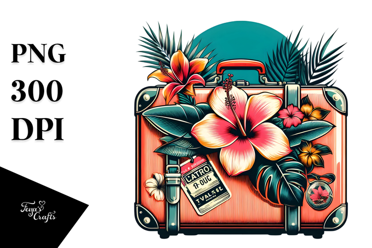Retro Tropical Flower Suitcase PNG