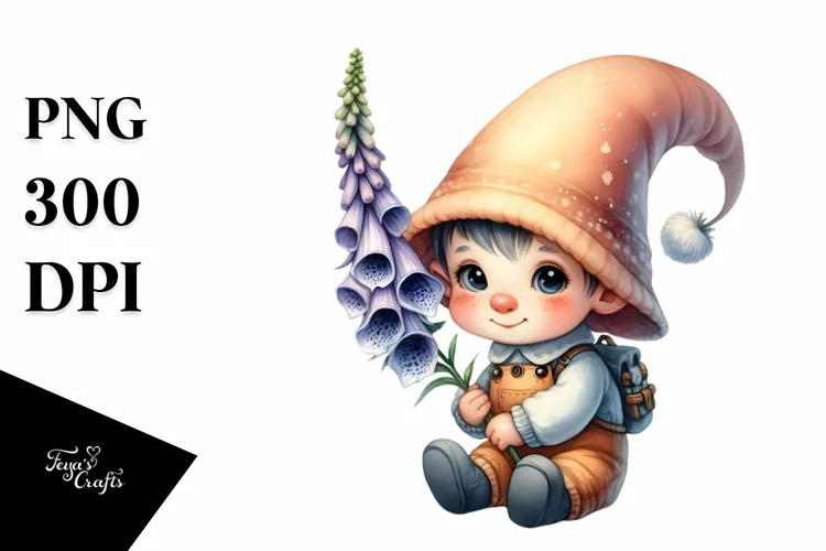 Cute Gnome with Foxglove PNG