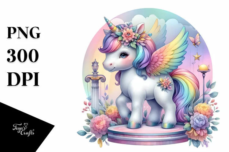 Colorful Baby Unicorn with Stage PNG