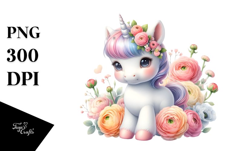 Cute Baby Unicorn Ranunculus Sublimation Clipart