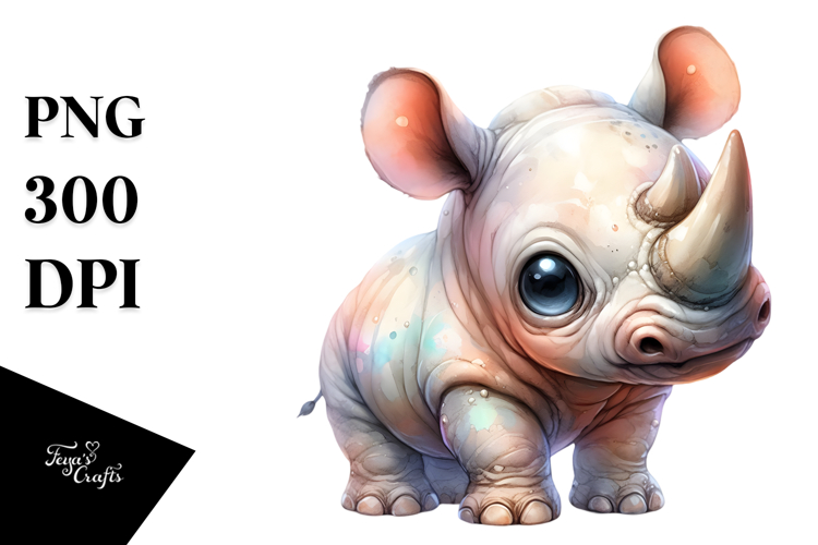 Digital Watercolor Baby Rhino PNG