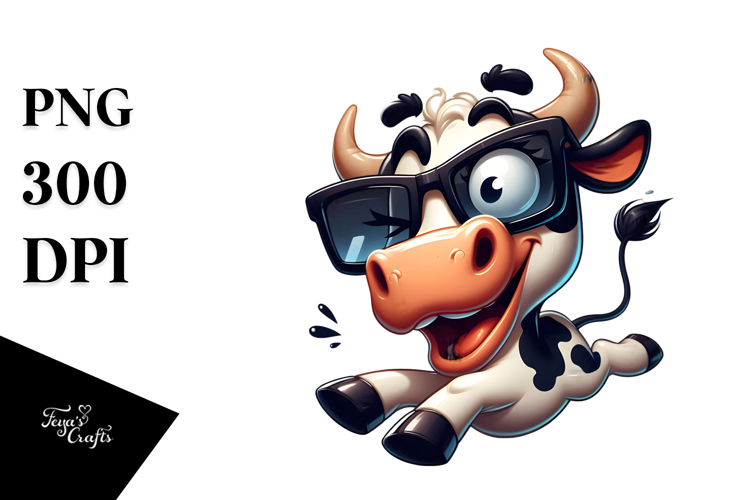 Watercolor Cow with Party Hat, High-Res PNG