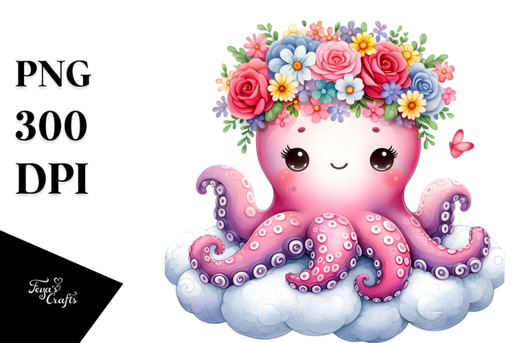 Cartoon-Style Flower Crown Octopus PNG