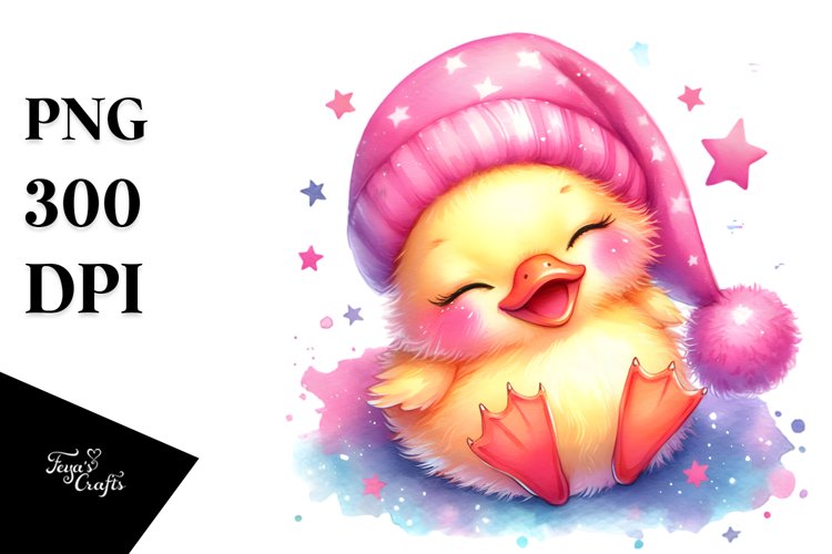 Cute Baby Duck Cuddling Star, Watercolor PNG example image 1
