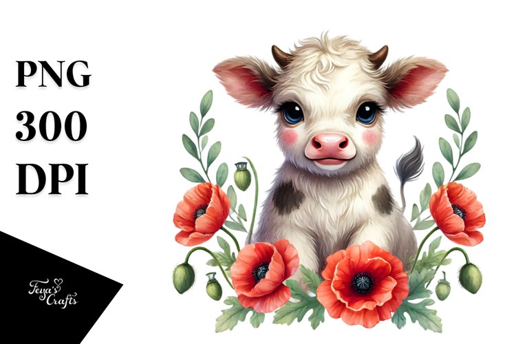 Baby Highland Cow with Poppy Floral, Watercolor PNG