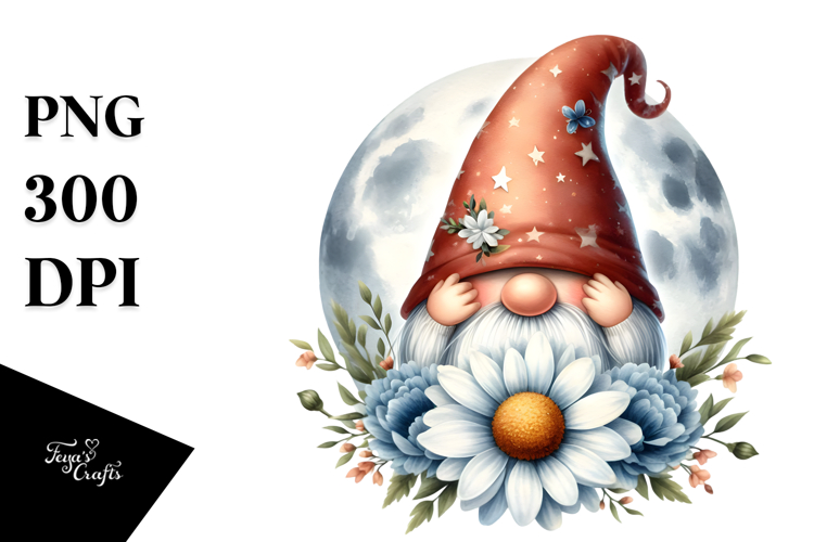 Cute Gnome with Daisy on Moon PNG example image 1