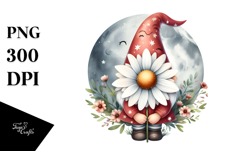 Cute Gnome with Daisy on Moon PNG