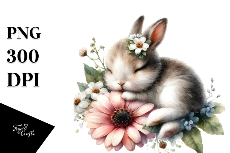 Baby Rabbit Sleeping on Flower, PNG