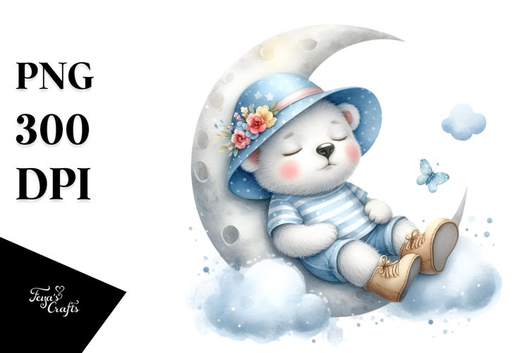 Cute Baby Polar Bear Sleeping on Moon | Clipart