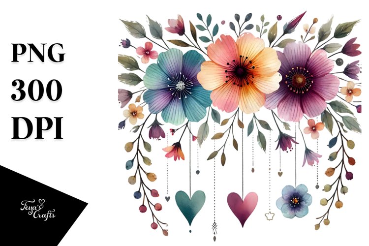 Simple Boho Flower Hearts PNG