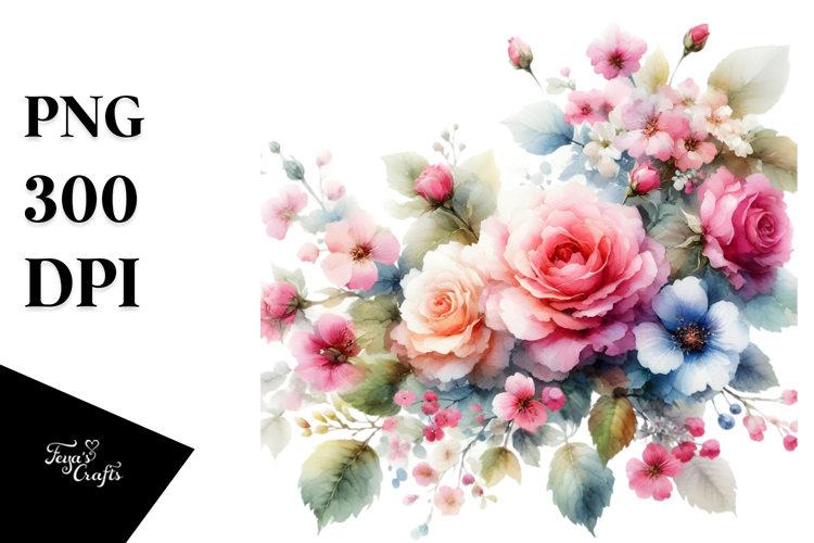 Washed Watercolor Vibrant Floral Frame with Pink Roses,
