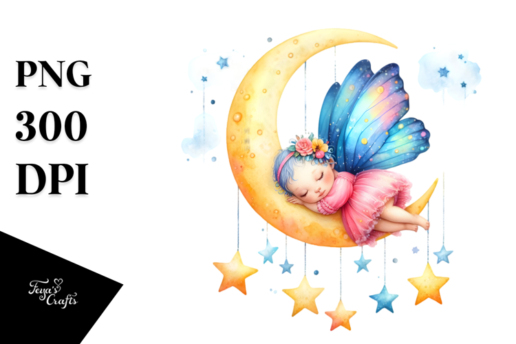 Whimsical Baby Butterfly Sleeping on Moon | Clipart