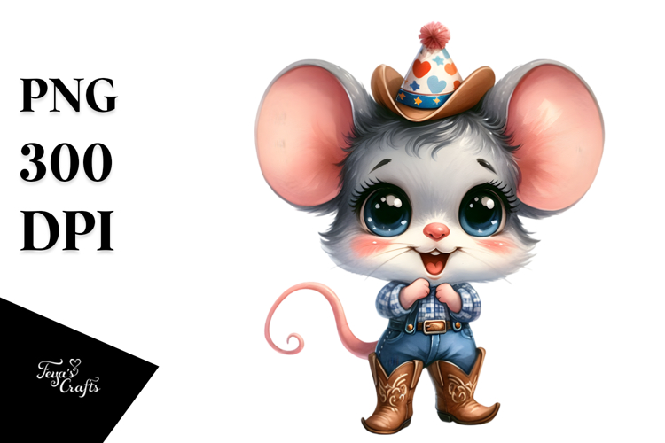 Watercolor Baby Mouse | Party Hat | Cowboy Boots