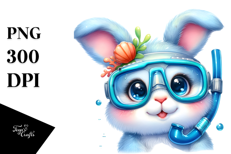 Vibrant Cute Smiling Baby Bunny Snorkel Set PNG