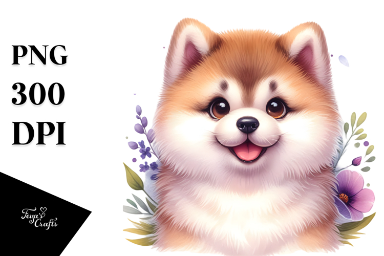 Cute Akita with Big Eyes, Watercolor PNG example image 1