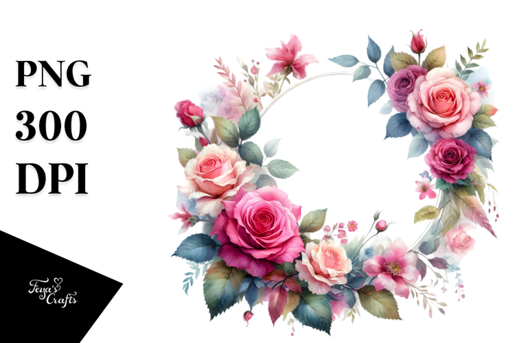 Washed Watercolor Vibrant Floral Frame with Pink Roses,