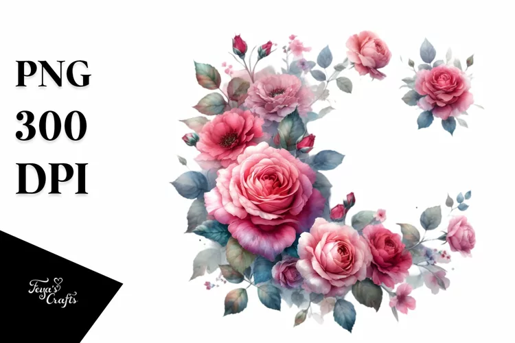 Washed Watercolor Vibrant Floral Frame with Pink Roses,