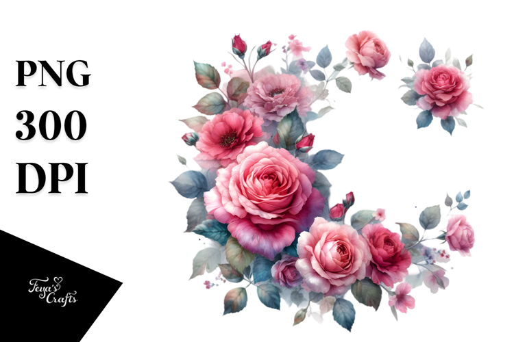 Washed Watercolor Vibrant Floral Frame with Pink Roses,