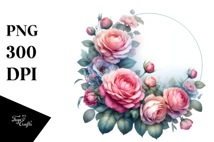 Washed Watercolor Vibrant Floral Frame with Pink Roses,