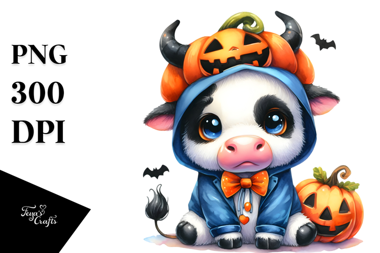 Cute Baby Cow Dressed for Halloween, High-Res PNG