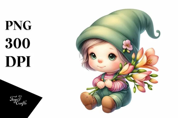Cute Gnome with Freesia PNG