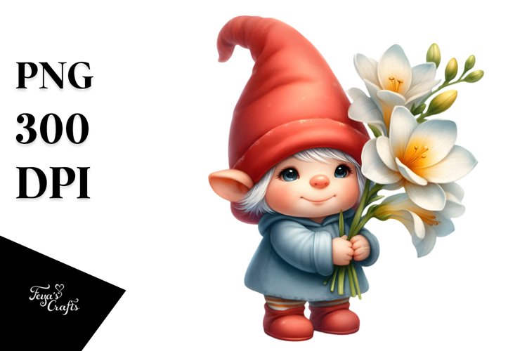 Cute Gnome with Freesia PNG