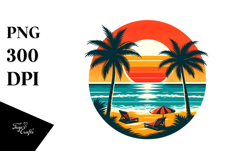 Retro Tropical Beach Sunset, PNG