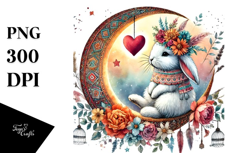 Colorful Boho Baby Rabbit Moon PNG