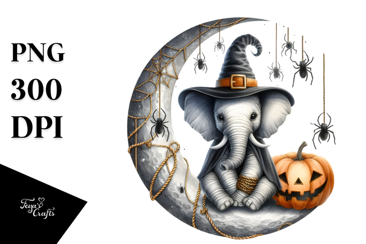 Elephant Dressed for Halloween on Half Moon PNG