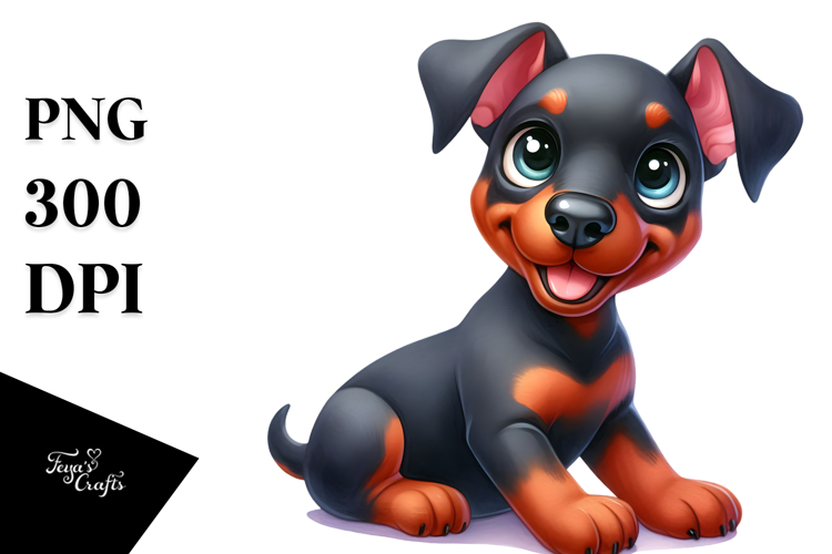 Cute Cartoon Doberman Pinscher Baby with Big Eyes PNG