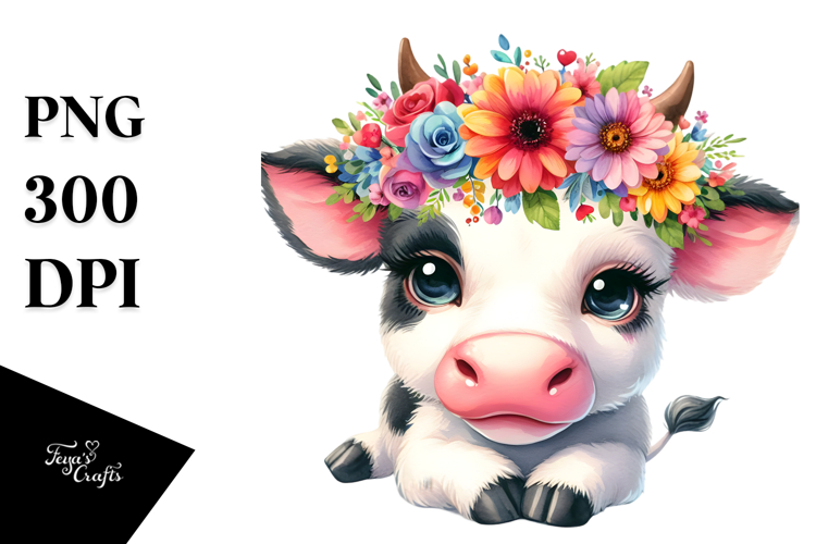 Colorful Cow with Flower Crown PNG