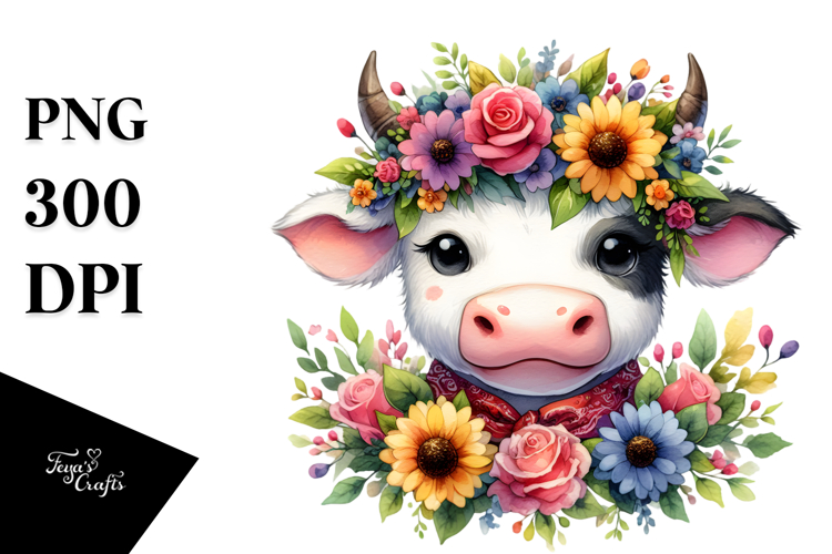 Colorful Cow with Flower Crown PNG