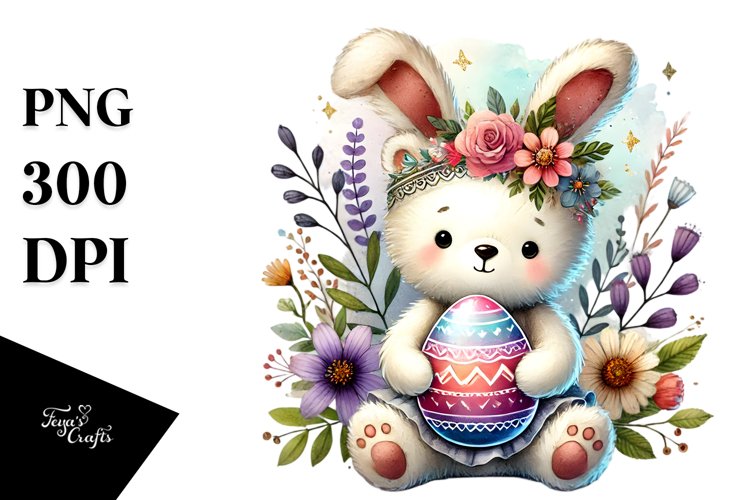 Baby Bear Holding Easter Egg Watercolor PNG