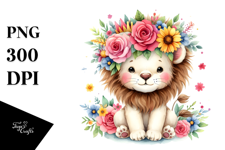 Colorful Lion with Flower Crown PNG