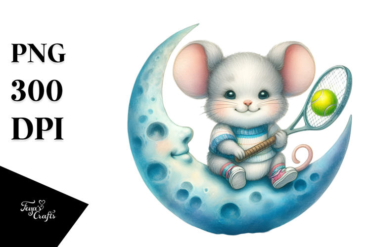 Cute Baby Mouse Playing Tennis on the Moon | Clipart