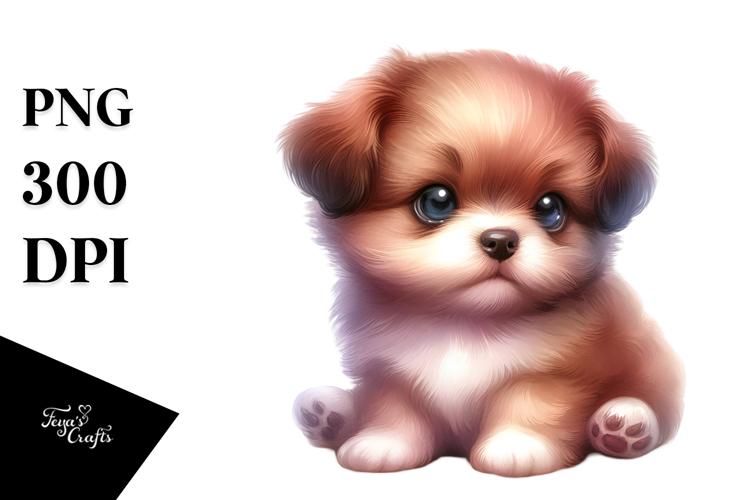 Digital Watercolor Baby Puppy with Big Eyes, High-Res PNG