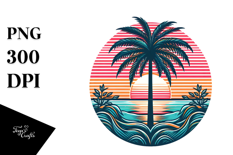 Retro Tropical Tree Sunset, PNG