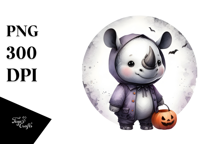 Cute Baby Rhino Halloween Washed Watercolor PNG
