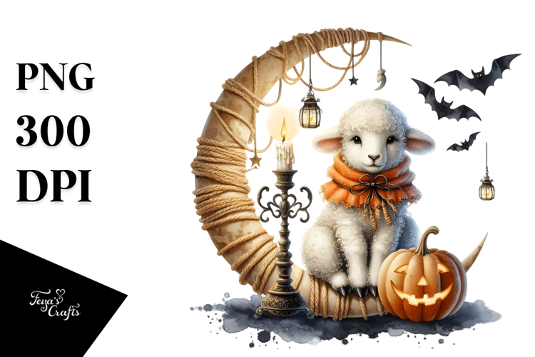 Cute Lamb on Half Moon with Candles PNG example image 1